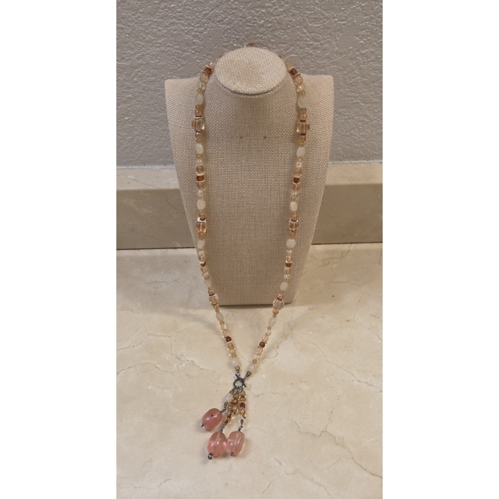 Stunning Vintage Pink Quartz Sterling Silver Lariat Necklace Toggle Clasp 28.5"
